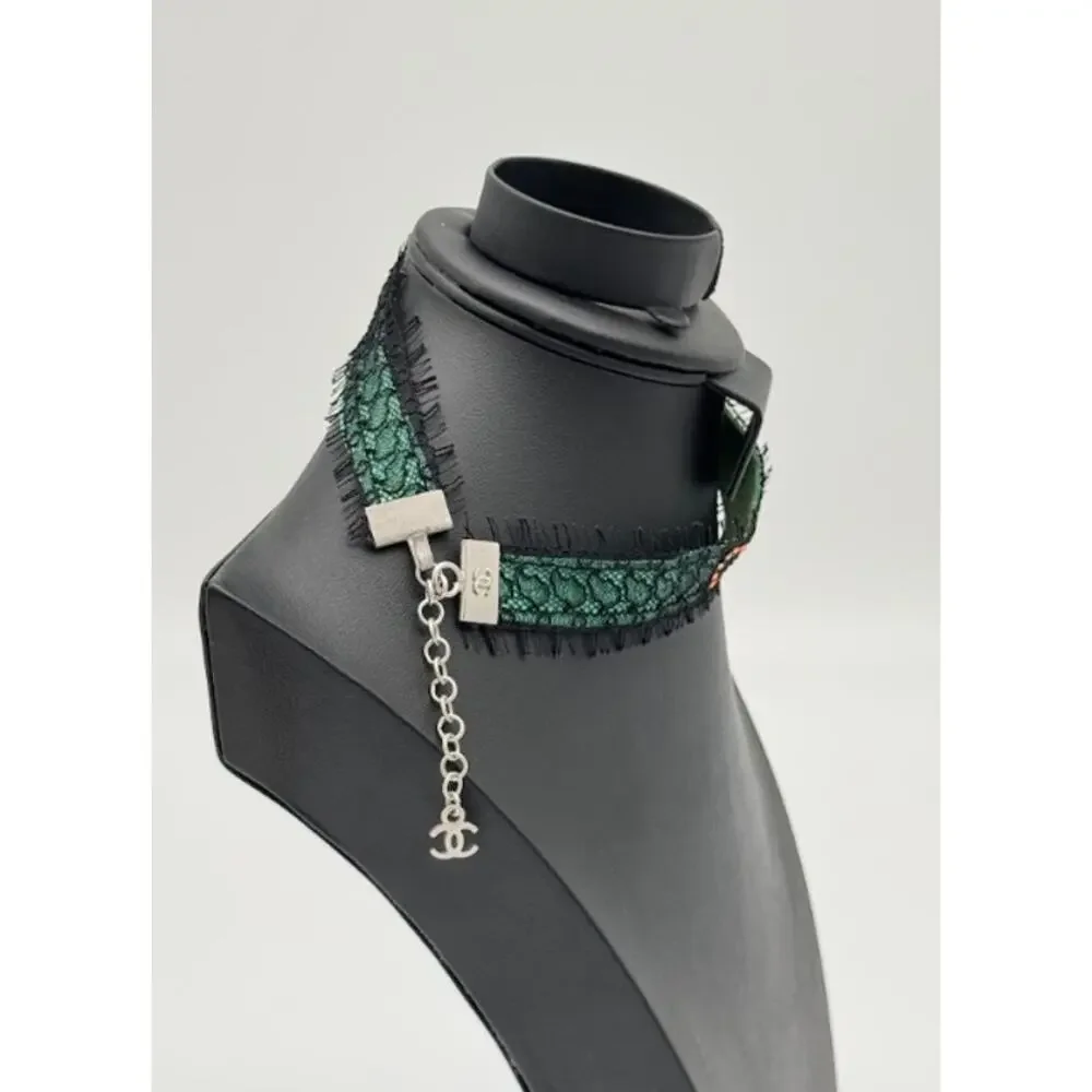 CHANEL Vintage Green Lace and Crystal Logo Choker Necklace